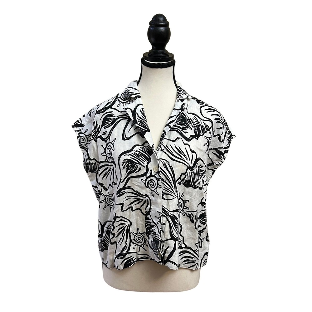 Madewell Linen Top White Black Seashell Print Cap Sleeve Button Front Small